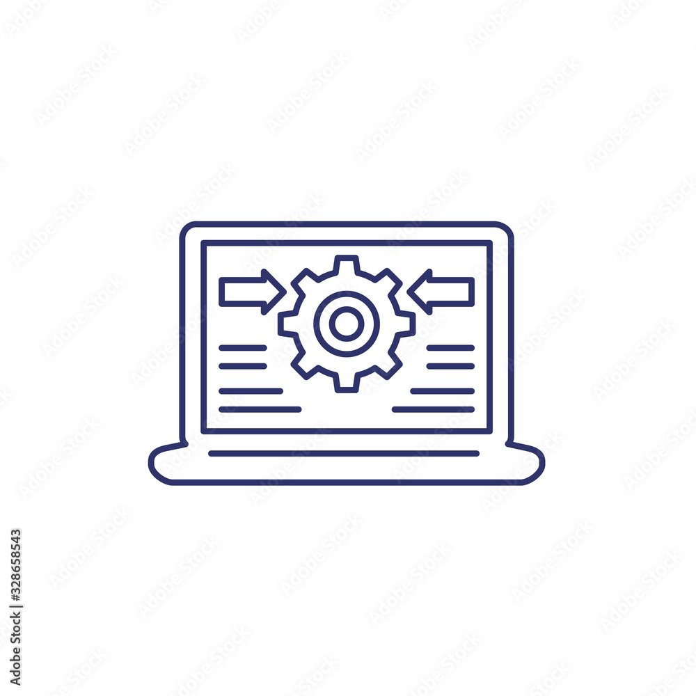 Integration system, computer technology line icon with laptop Integration system, computer technology line icon with laptop