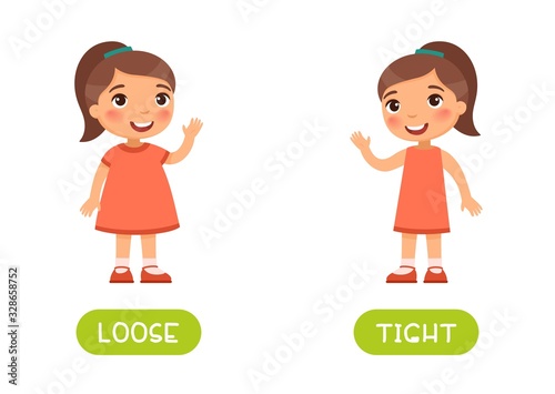 Tight and loose antonyms flashcard vector template. Word card for english language learning with flat characters. Opposites concept. Girl in skinny and  loose dresses illustration with typography