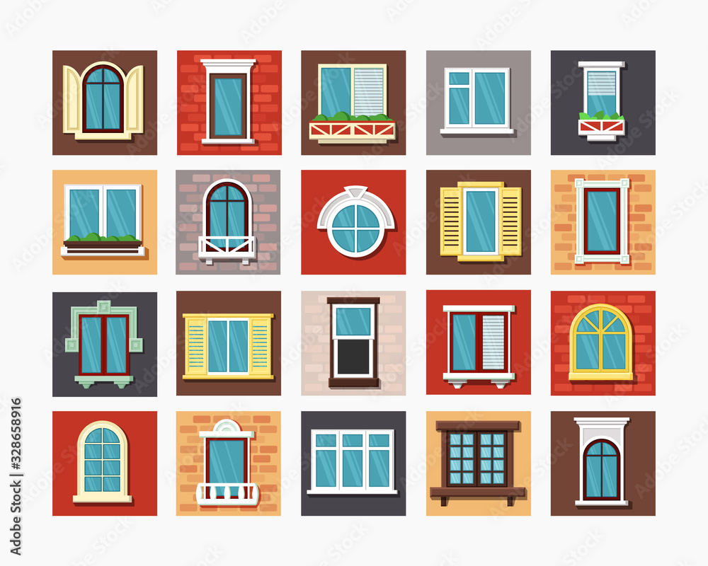 windows. outdoor building windows frame in different styles exterior wooden elements collection. Vector isolated objects