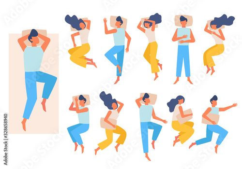 sleeping couple. family characters have a rest in band night relax different poses. vector male female sleeping top view