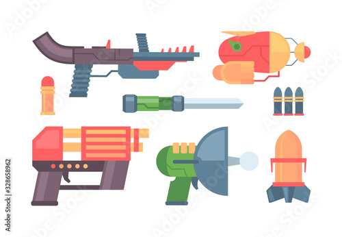 futuristic guns. toys colored funny weapons handgun and laser blasters for space battles. vector pistols collection for kids