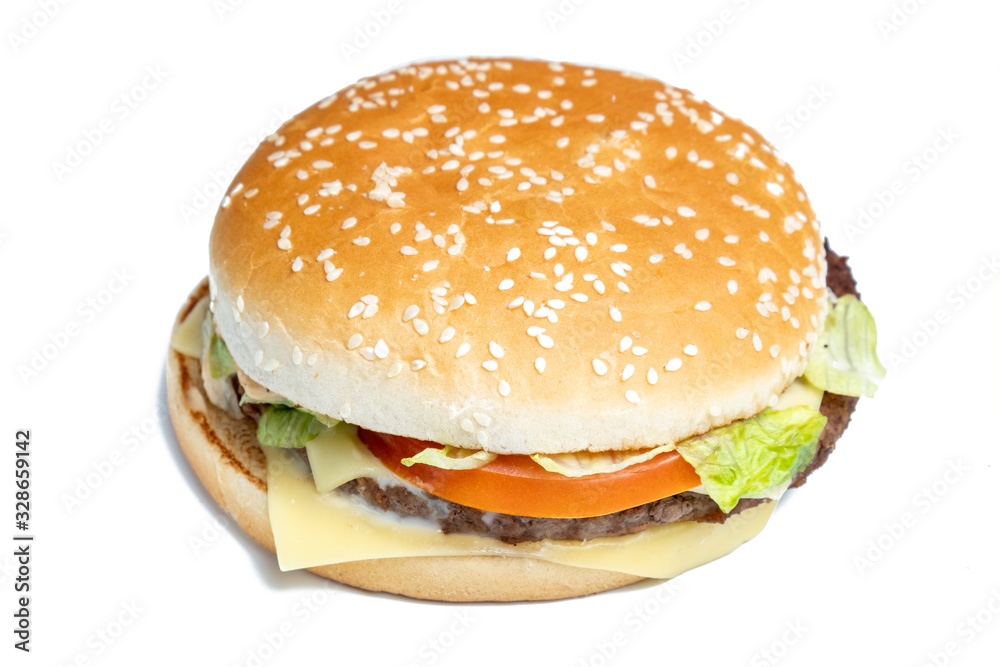 Burger side view on a white background. Isolated. Burger side view on a white background. Isolated.