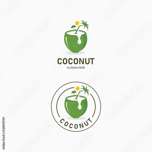 Coconut water drink logo design. Resort logo with beach and coconut palms view in coconut drink