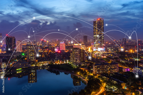 Smart city and wireless communication network concept. Digital network connection lines of Hanoi city
