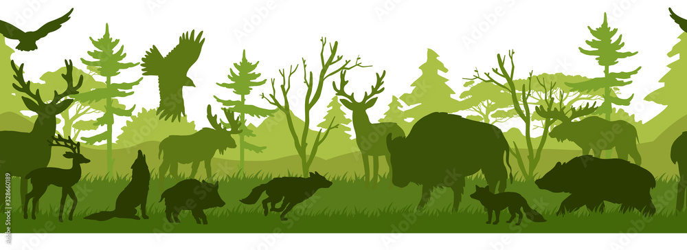 Horizontal seamless landscape with forest animals’ silhouettes ...