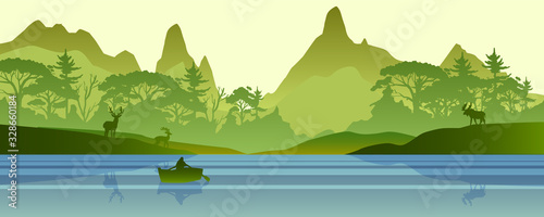 Horizontal misty forest with mountains, hills, river and stags. Panoramic landscape with lake and boat silhouette. Wildlife green background with coniferous north woods. 