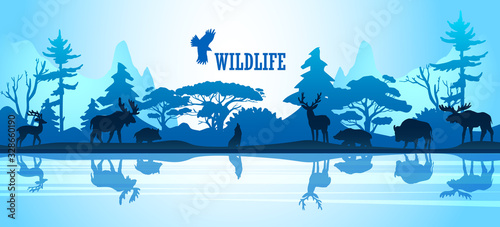 Wildlife vector background with mountains, forest and animals’ silhouettes in blue trendy colors. Horizontal stock banner with deer, wolf, elk and bear near the lake. Eco concept for ads, prints photo