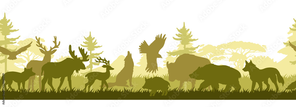 Εκτύπωση καμβά Horizontal seamless border with forest wild animals’ silhouettes
