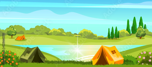 Summer camping background with campsite near the lake and forest. Horizontal vacation banner with colorful tents, river, bushes and flowers. Outdoor weekend concept for games, advertisements