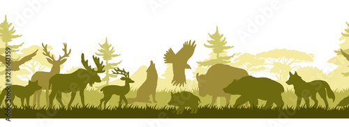 Horizontal seamless border with forest wild animals’ silhouettes. Wild nature background with trees, grass, wolf, bear, eagle, elk and deer. Fauna eco banner for web pages, advertisements, prints