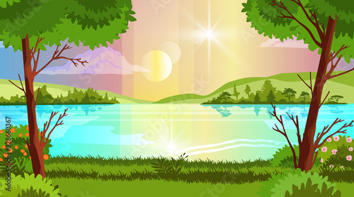 Horizontal forest landscape with trees, lake, sun, hills, blooming bushes, cloud, and river bank. Summer sunny day poster. Outdoor weekend banner with copy space and flare. For advertisements, games