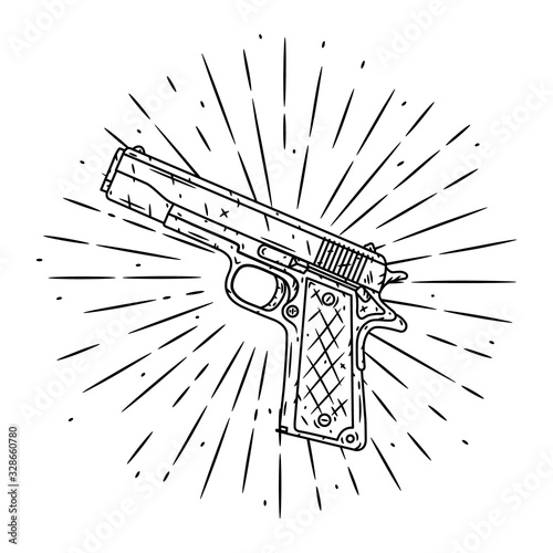 Pistol. Hand drawn vector illustration with pistol and divergent rays. Used for poster, banner, web, t-shirt print, bag print, badges, flyer, logo design and more.