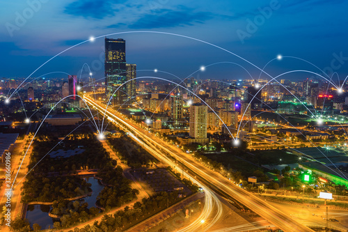 Smart city and wireless communication network concept. Digital network connection lines of Hanoi city