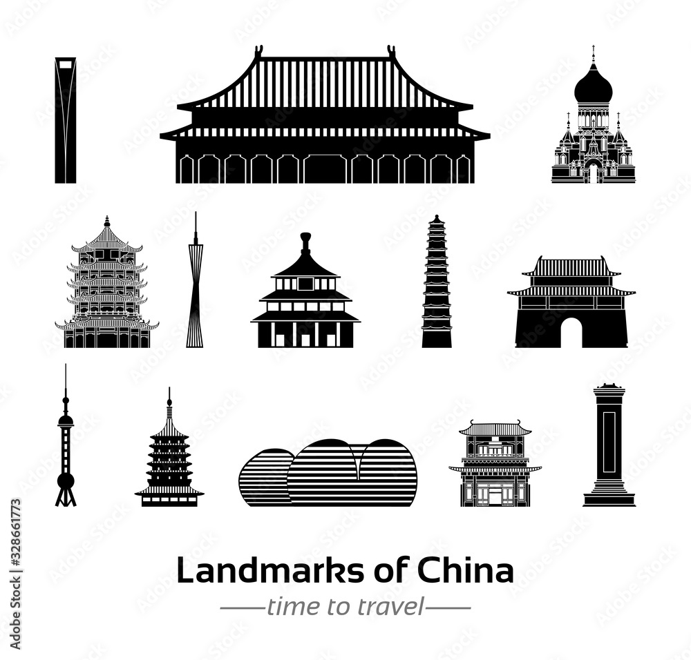 set of famous landmark of China silhouette style with black and white classic color design,vector illustration
