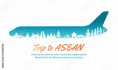 ASEAN landmark inside with plane shape in concept art by silhouette style,vector illustration