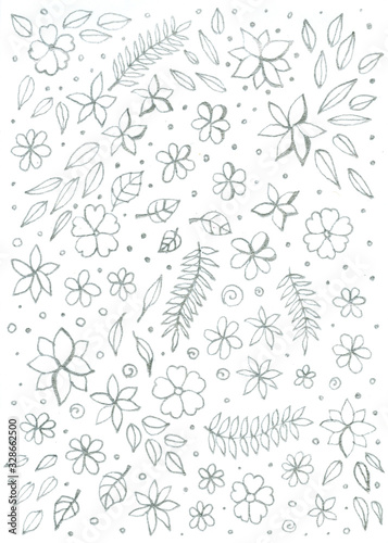 Silver flowers and leaves on white background. Doodle hand drawn illustration.