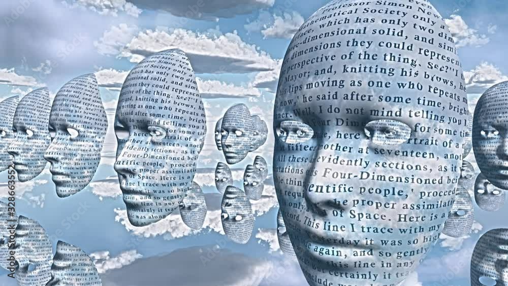 Surreal faces with text hovers in the sky