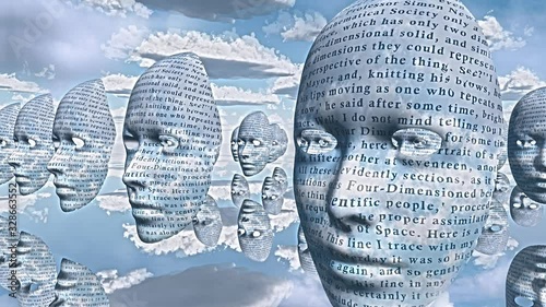 Surreal faces with text hovers in the sky
