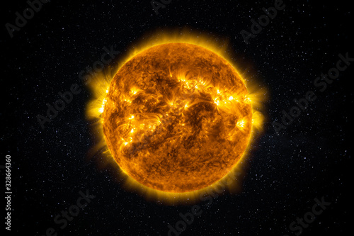 Sun Star in the Starry Sky of Solar System in Space. This image elements furnished by NASA.