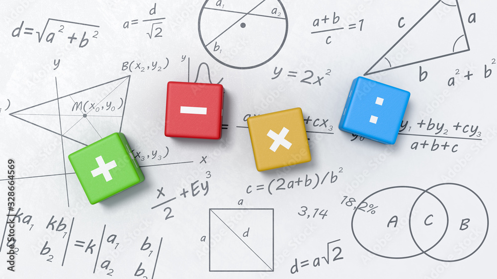 Math Operators Cubes on Whiteboard with Formulas, Graphs and Symbols - obrazy, fototapety, plakaty 