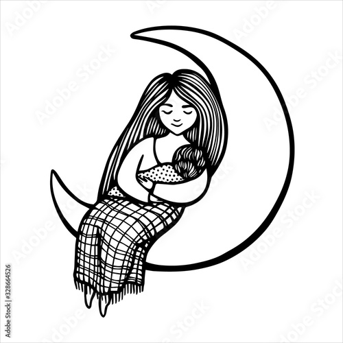 Woman holds baby and sits on the moon. Hand drawn vector stock illustration. Breast feeding. Mom whith child.