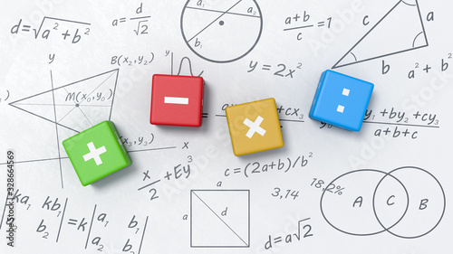 Obraz na plátně Math Operators Cubes on Whiteboard with Formulas, Graphs and Symbols