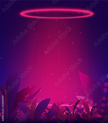 Bright red glow portal neon background with tropical leaves. Teleport with rings and rays light of a night scene and sparks.