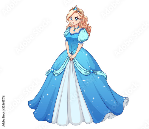 Fototapeta Pretty anime princess standing and wearing blue ball dress. Blonde curly hair, big blue eyes.