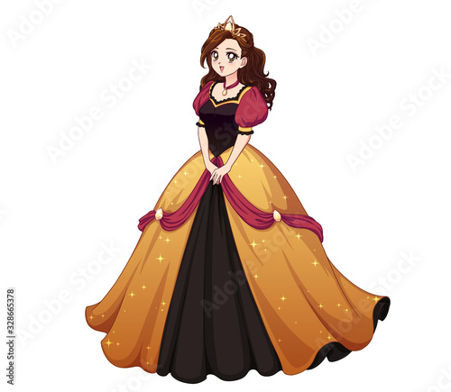Fototapeta Pretty cute princess standing and wearing golden ball dress. Brown curly hair, big anime eyes.