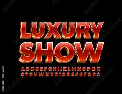 Vector premium sign Luxury Show with Red and Golden Font. 3D elite Alphabet Letters and Numbers
