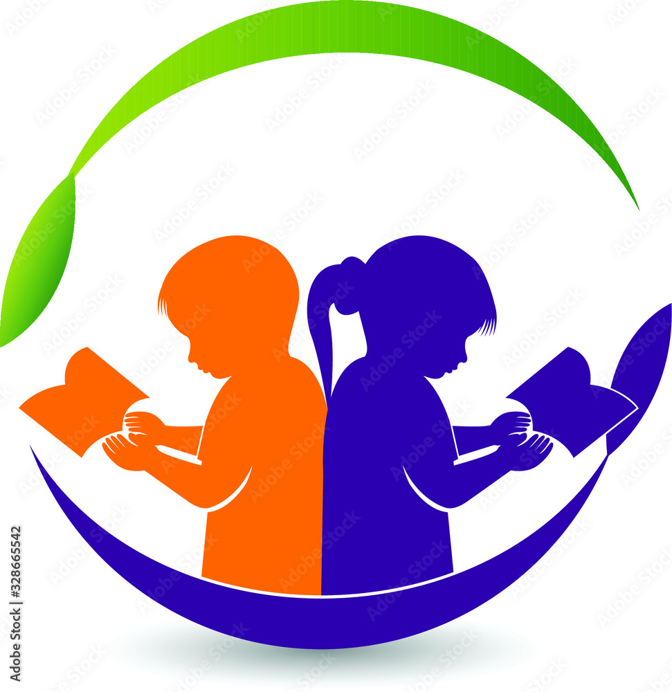 boy and girl reading book logo Stock Vector Adobe Stock