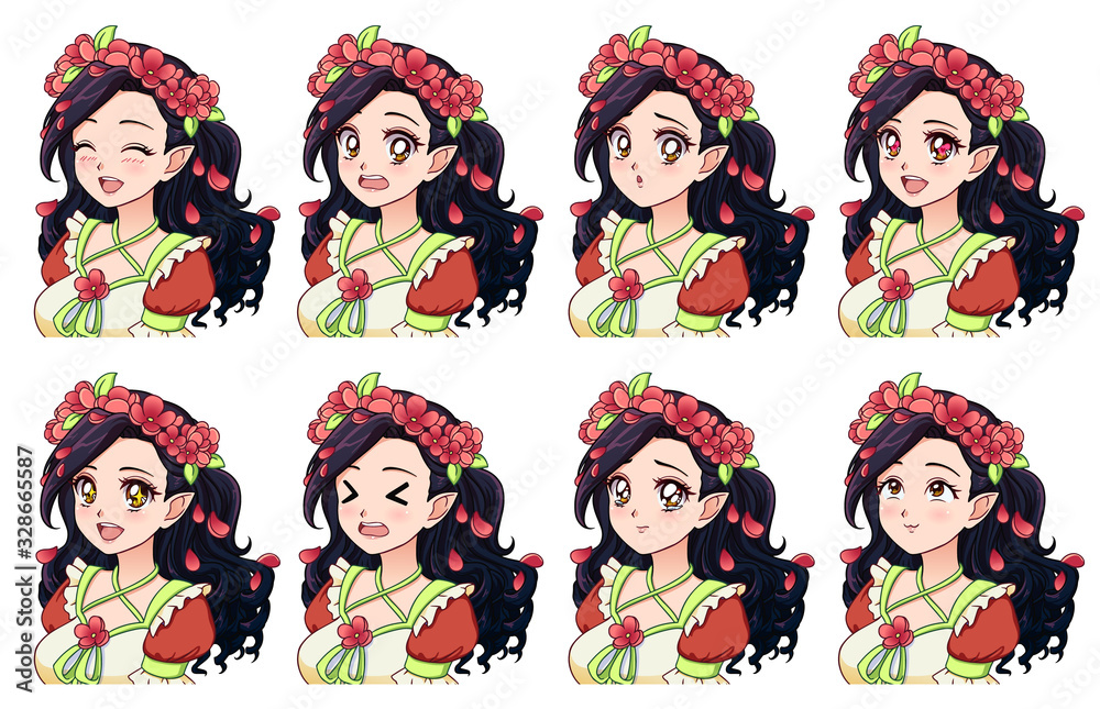 A set of cute anime elf with different expressions. A set of cute anime elf with different expressions.