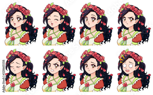 A set of cute anime elf with different expressions.