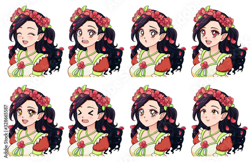 A set of cute anime elf with different expressions.