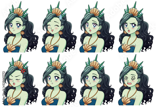 A set of cute anime sea princess with different expressions. Green hair, big blue eyes, shell crown. Hand drawn retro anime vector illustration. Can be used for avatar, stickers, badges, prints etc.