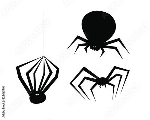 Set of black vector silhouette spider icon isolated on white background.
