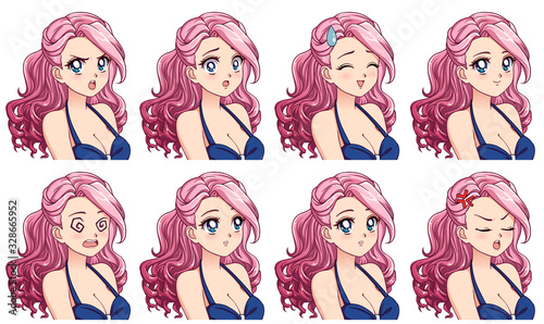 A set of cute anime girl with different expressions.