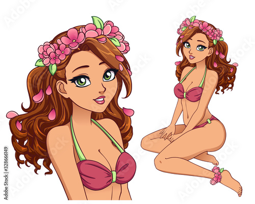 Pretty cartoon girl with curly hair wearing pink swimsuit and flower wreath.