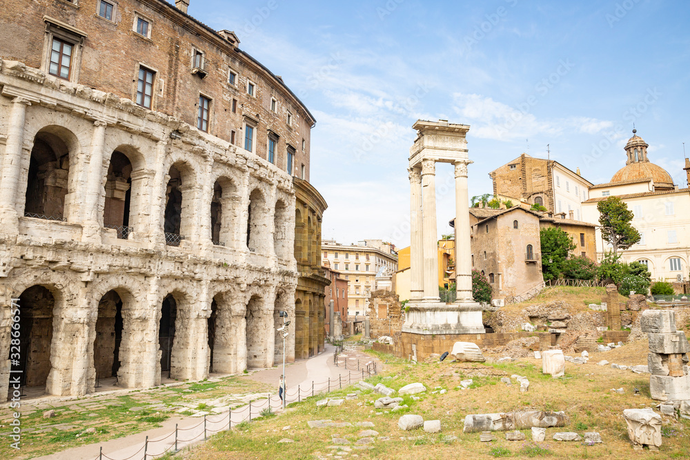 Ancient roman Theatre of Marcellus (Teatro di Marcello) and the Temple of Apollo Sosianus in Rome, Lazio, Italy