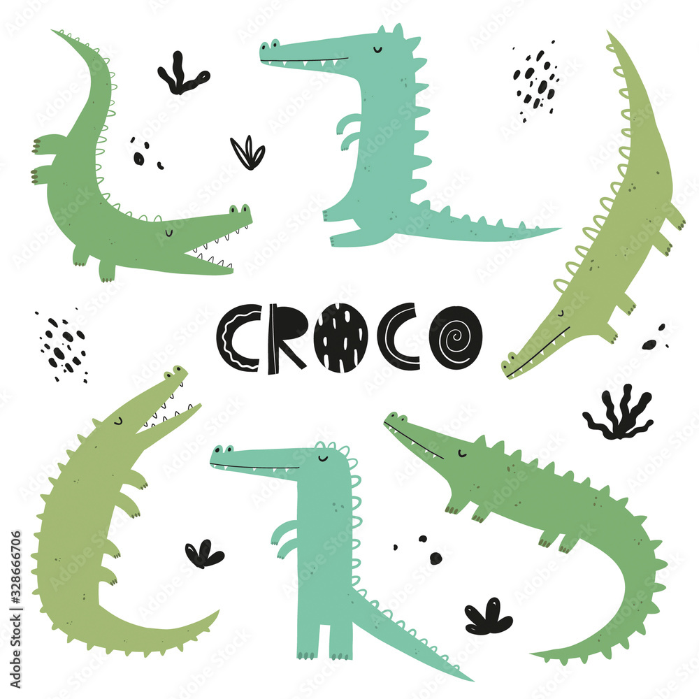 Obraz premium Vector hand-drawn color children's simple flat set with crocodiles in Scandinavian style on a white background. Baby crocodiles on a white background. Cute animals. Reptile. Set of crocodiles. 