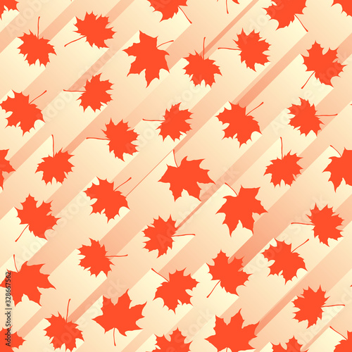 Seamless white abstract background of red maple leaves with stripes of light behind.
