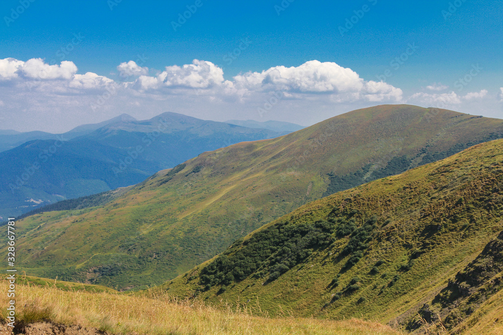 Carpathian Mountains landscape in Dragobrat. Gendarmes mountains on the Svydovets ridge. The Svydovets is a mountain range in western Ukraine belonging to the Outer Eastern Carpathians. 