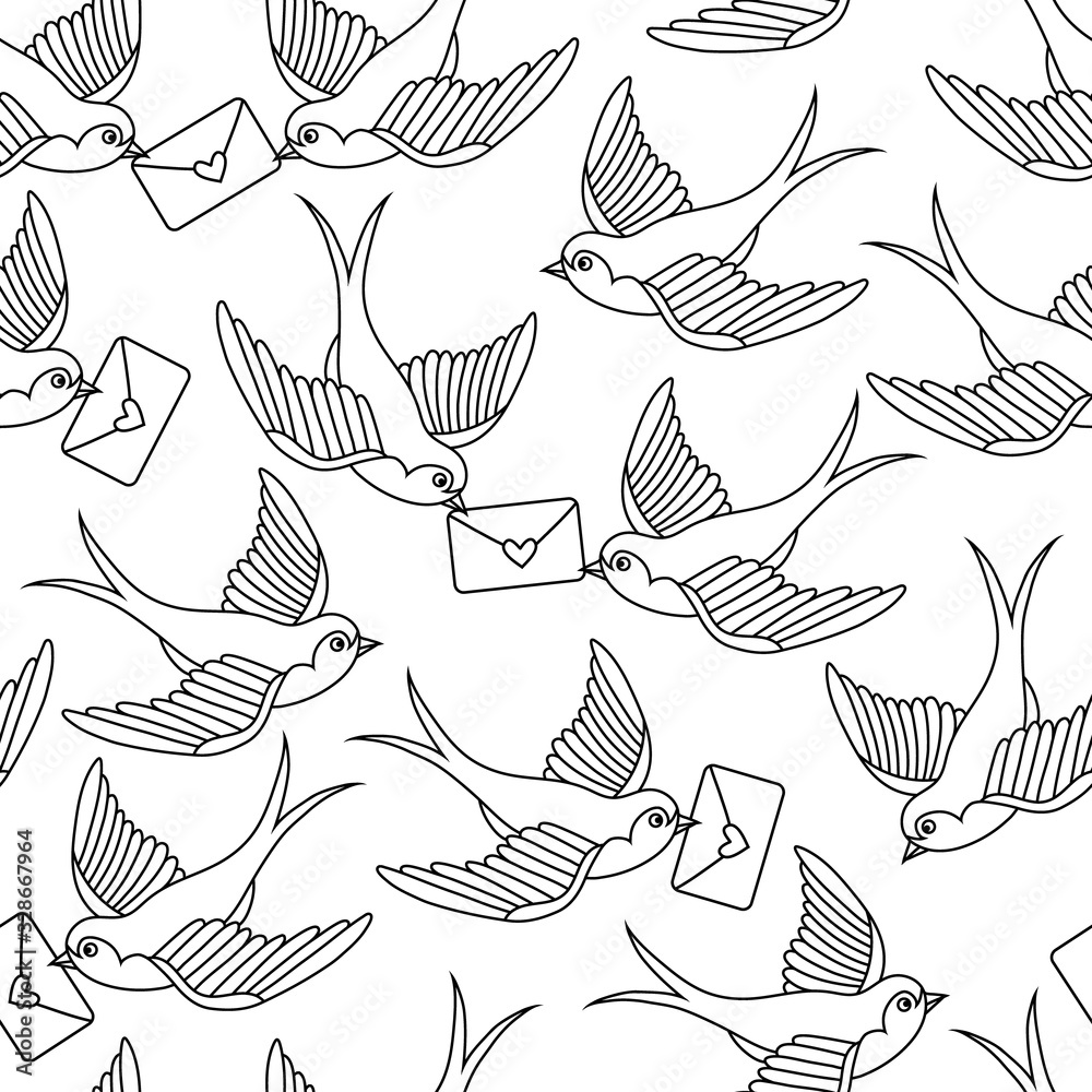 Fototapeta premium Vector old school seamless pattern with birds and love letters