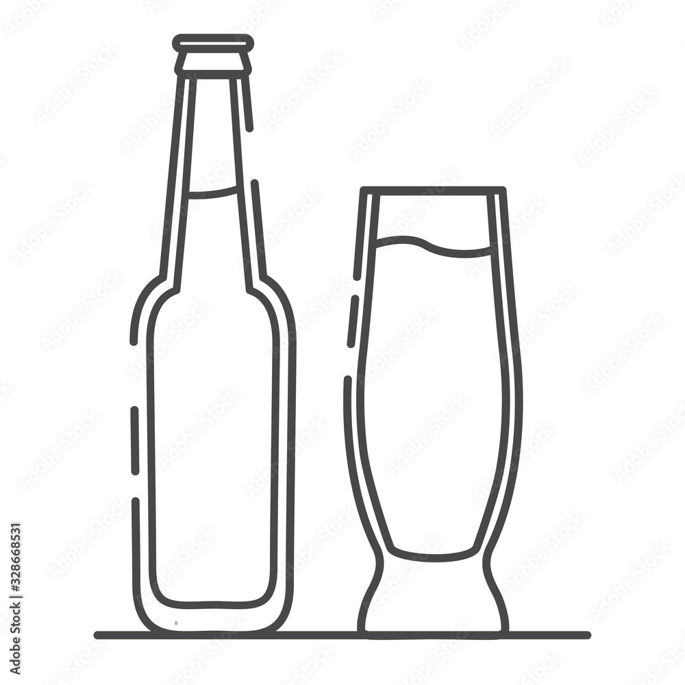 Beer bottle and glass. Alcoholic drink icon. Flat line art outline vector. Beer bottle and glass. Alcoholic drink icon. Flat line art outline vector.