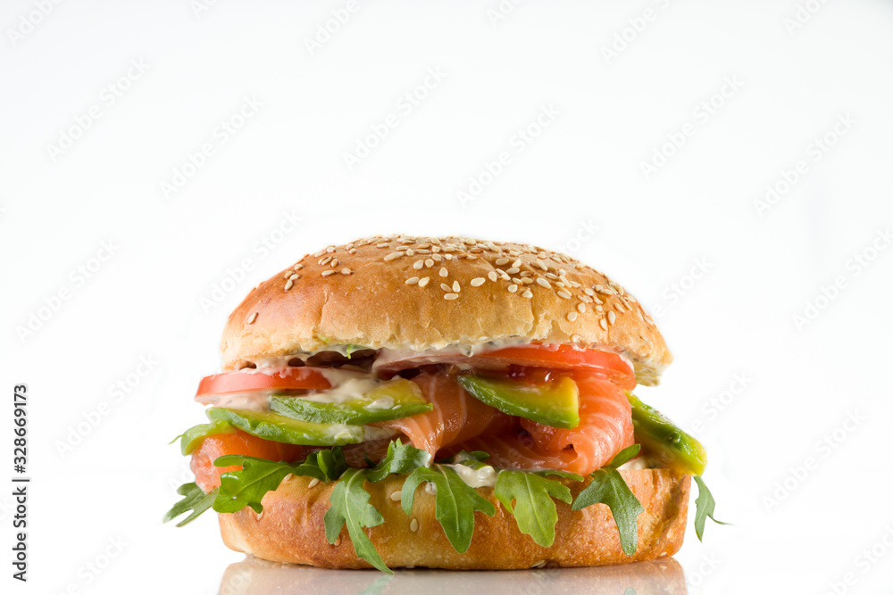 hamburger with salmon for a restaurant menu on a white background hamburger with salmon for a restaurant menu on a white background