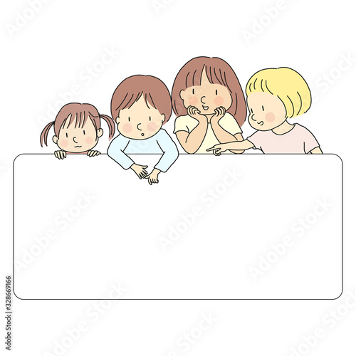 Vector illustration of four little kids, boy & girls, pointing and looking at  blank template for presentation, brochure or banner. Education and learning concept. Cartoon character drawing style.