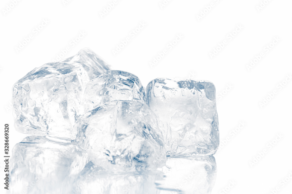 Natural crystal clear melting single ice cubes on white background.