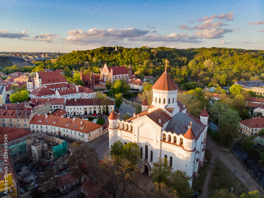 Aerial view of Vilnius Old Town, one of the largest surviving medieval old towns in Northern Europe. Summer landscape of UNESCO-inscribed Old Town of Vilnius.