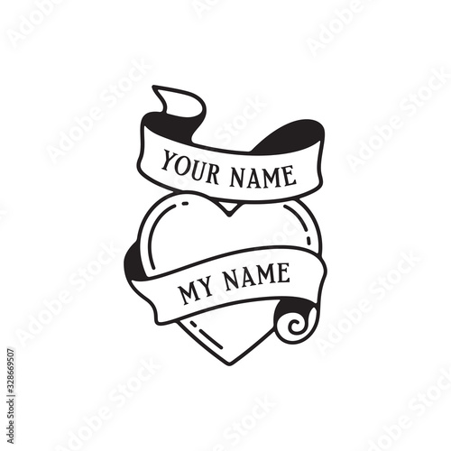 Old school tattoo emblem label with heart symbol and vintage ribbon. Traditional tattooing style ink.