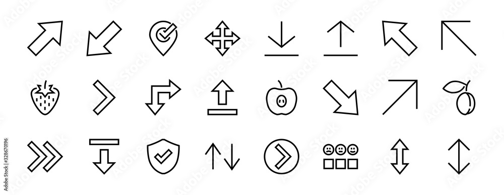 Set of line arrows, directions, arrows, contains icons such as pause, continuation, directly, to the right, Editable stroke. 480x480, On a white background, Vector illustration